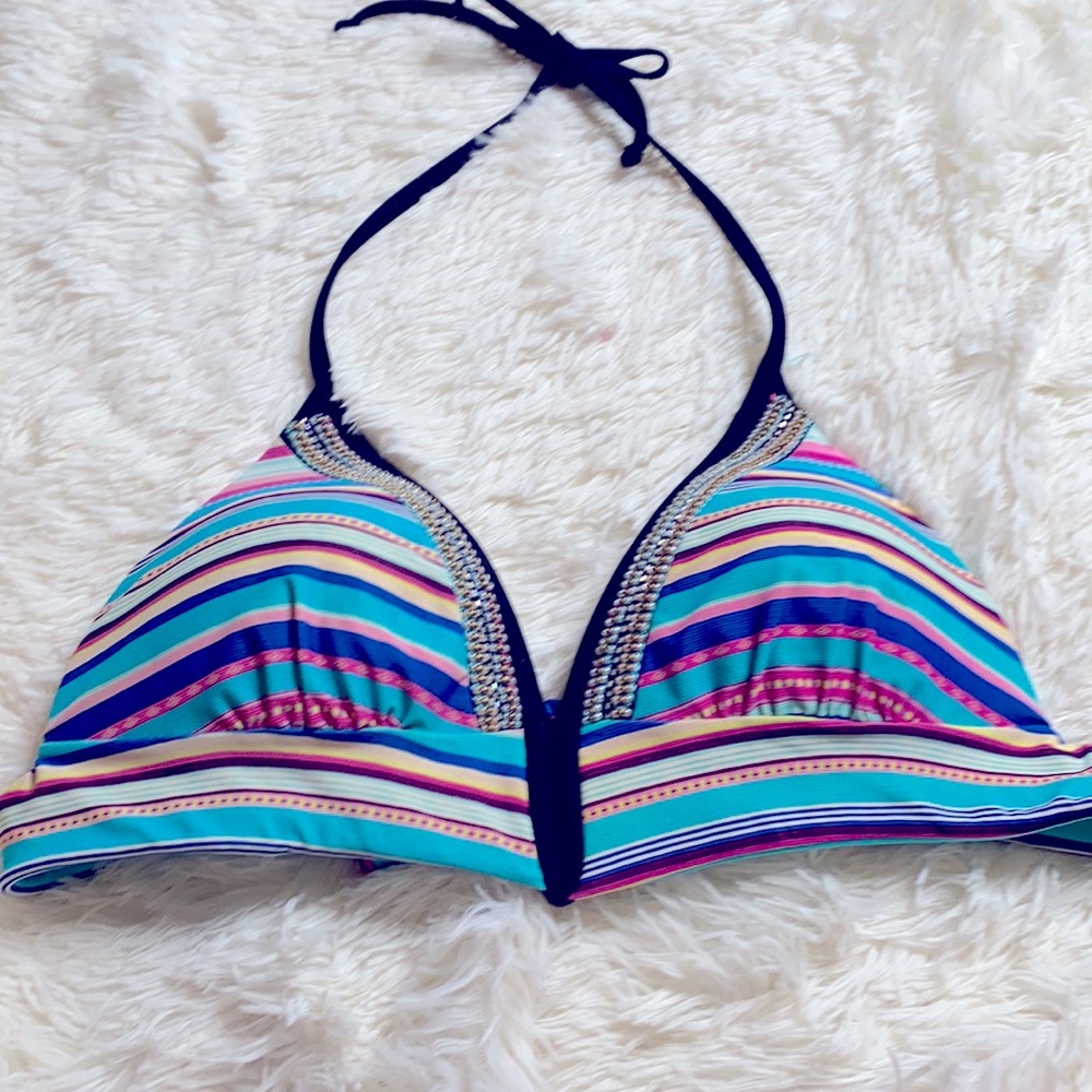 Time and Tru Pink Blue Striped Beaded Padded Halter Bikini Top Size X-Large